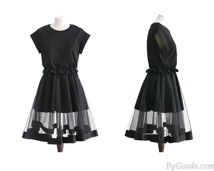 FASHION NET YARN SPLICING SHORTSLEEVE SOLID ROUNDNECK BANDAGE WAIST DRESS