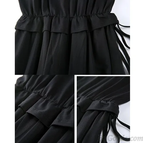 FASHION NET YARN SPLICING SHORTSLEEVE SOLID ROUNDNECK BANDAGE WAIST DRESS