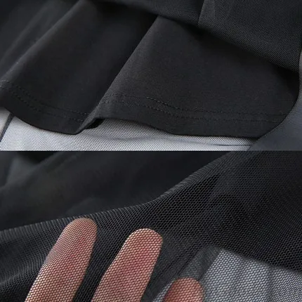 FASHION NET YARN SPLICING SHORTSLEEVE SOLID ROUNDNECK BANDAGE WAIST DRESS