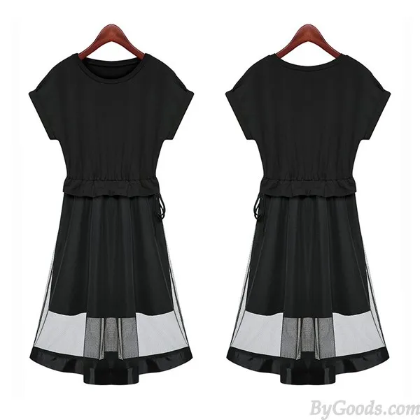 FASHION NET YARN SPLICING SHORTSLEEVE SOLID ROUNDNECK BANDAGE WAIST DRESS
