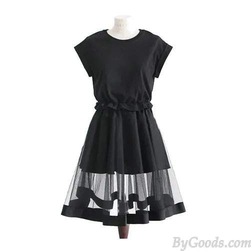 FASHION NET YARN SPLICING SHORTSLEEVE SOLID ROUNDNECK BANDAGE WAIST DRESS