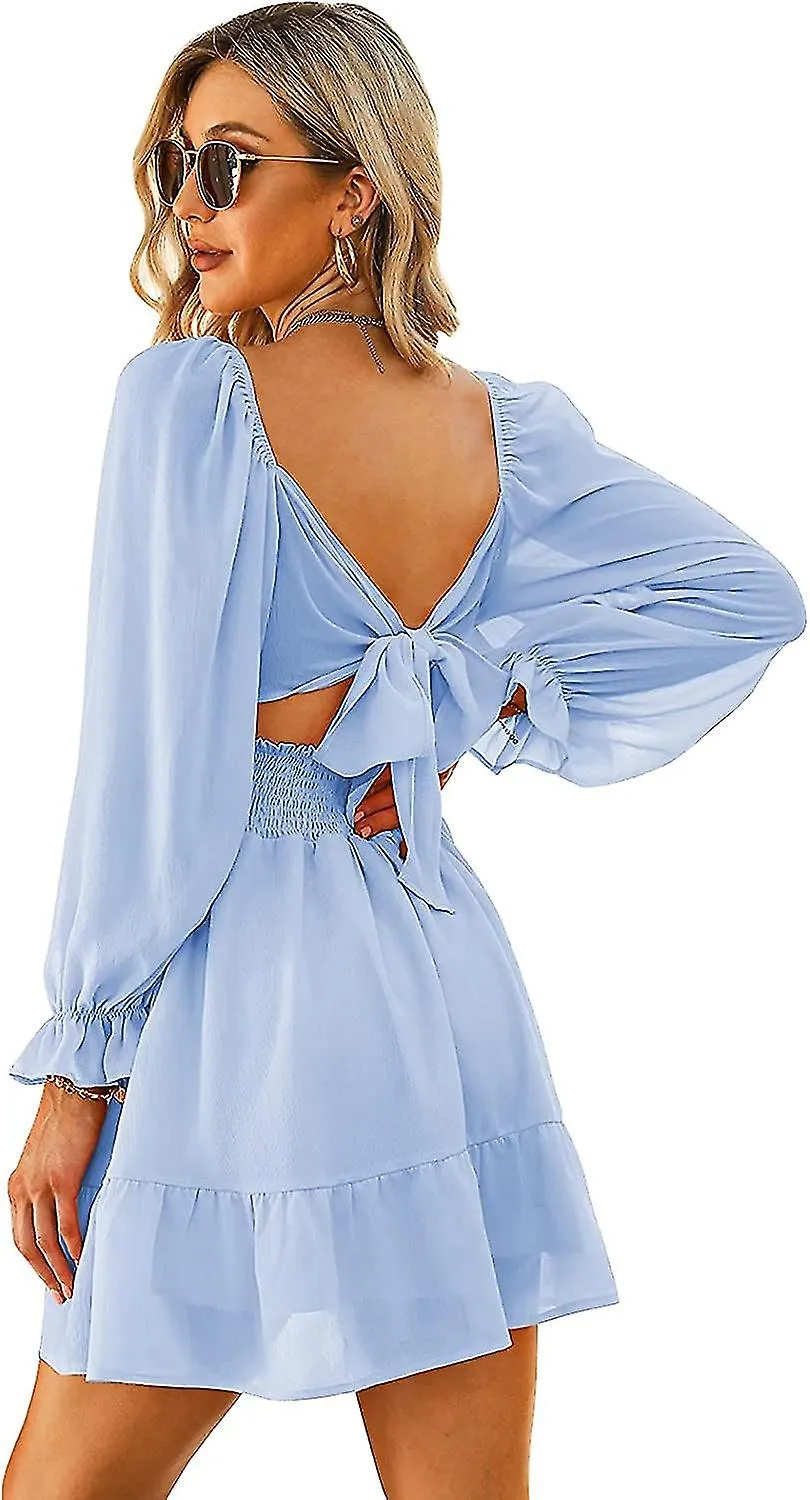 LADIES LACEUP SLEEVES SQUARE NECK RUFFLE $ WAIST CASUAL MINI $ SQUARE NECK FRILL SLEEVE BACK BOWKNOT LACE FFON
