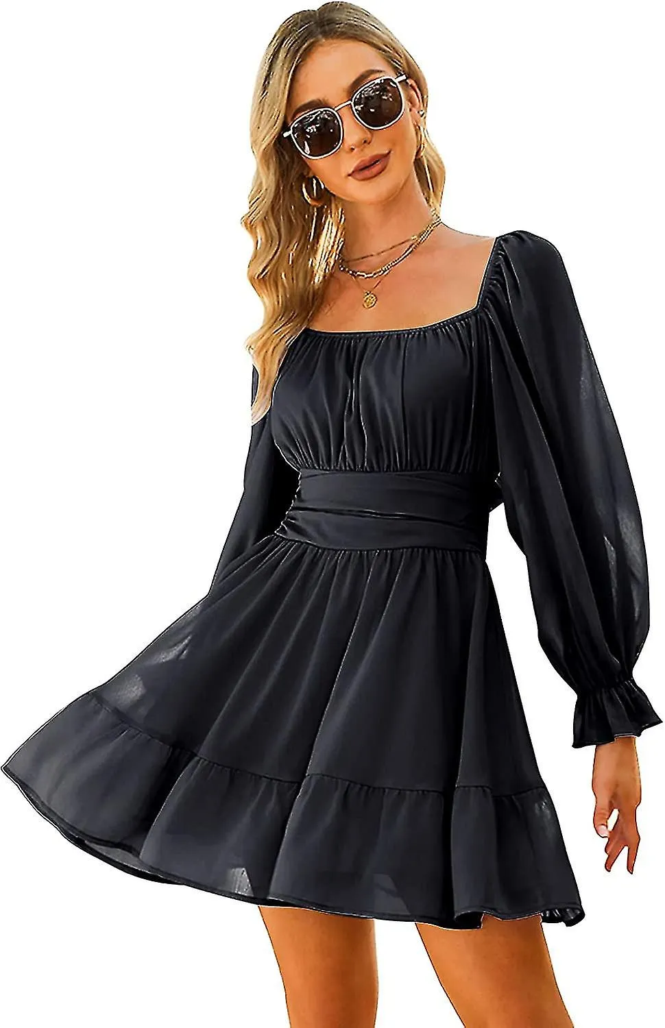 LADIES LACEUP SLEEVES SQUARE NECK RUFFLE $ WAIST CASUAL MINI $ SQUARE NECK FRILL SLEEVE BACK BOWKNOT LACE FFON