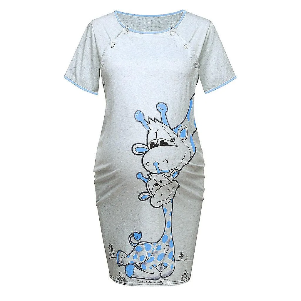 Maternity Dress Women Cartoon Print Short Sleeve Nightdress, Cotton Pregnant