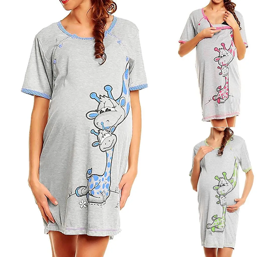 Maternity Dress Women Cartoon Print Short Sleeve Nightdress, Cotton Pregnant