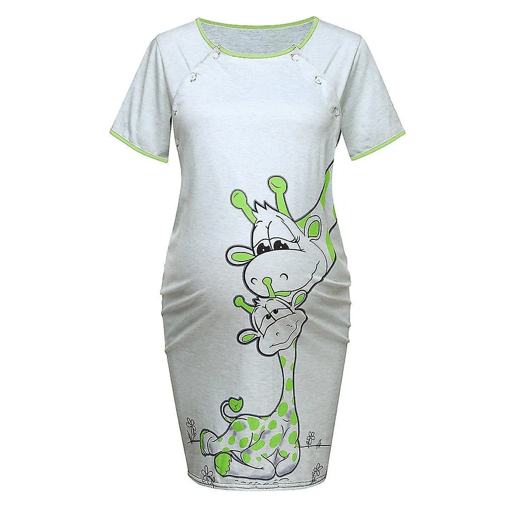 Maternity Dress Women Cartoon Print Short Sleeve Nightdress, Cotton Pregnant