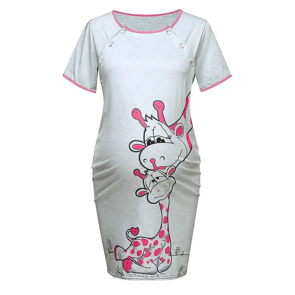 Maternity Dress Women Cartoon Print Short Sleeve Nightdress, Cotton Pregnant