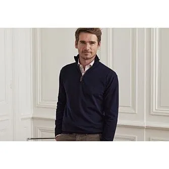NAVY ORGANIC COTTON/CASHMERE HALFZIP THIN PULLOVER  VLAD