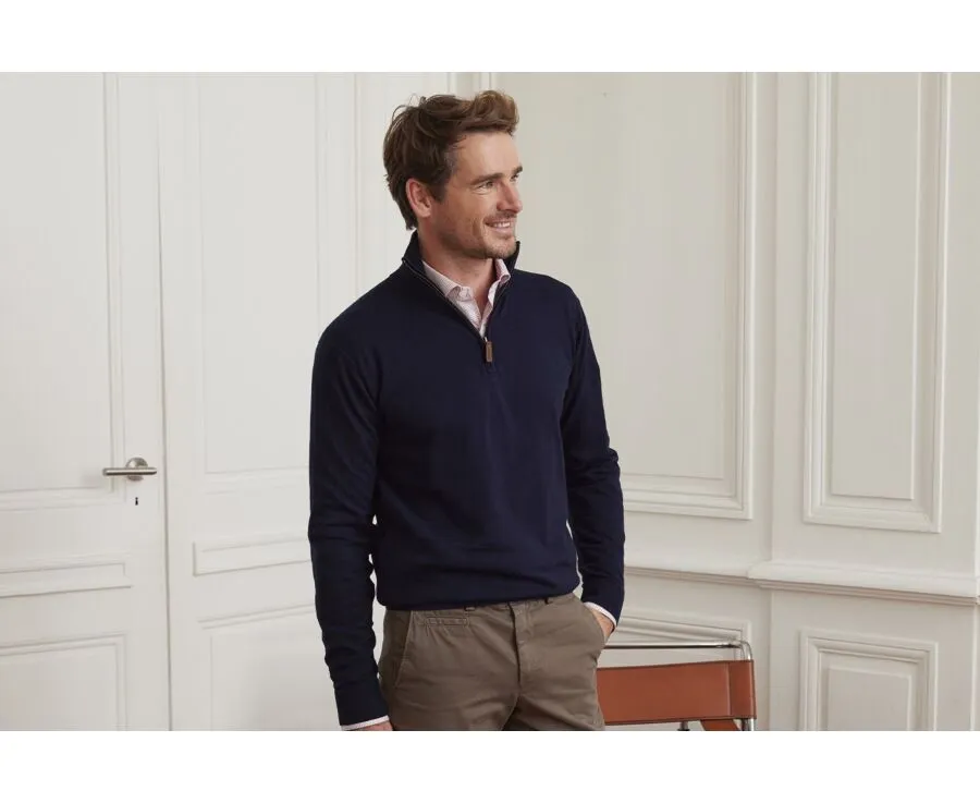 NAVY ORGANIC COTTON/CASHMERE HALFZIP THIN PULLOVER  VLAD
