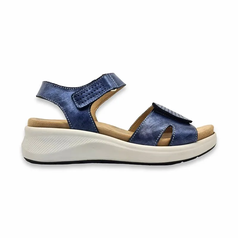 Sandalias Cuña Baja Ancho Especial Mujer Piel Velcro Plantilla Acolchada 61652 Marino, de Tupie
