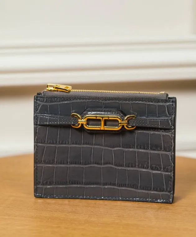 Tom Ford Gray crocodile embossed leather wallet with logo