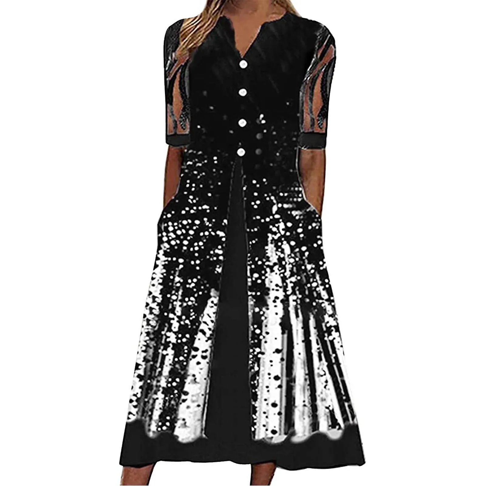 Women V Neck 1/2 Mesh Sleeve Long Dress Button Showy Printed Sundress