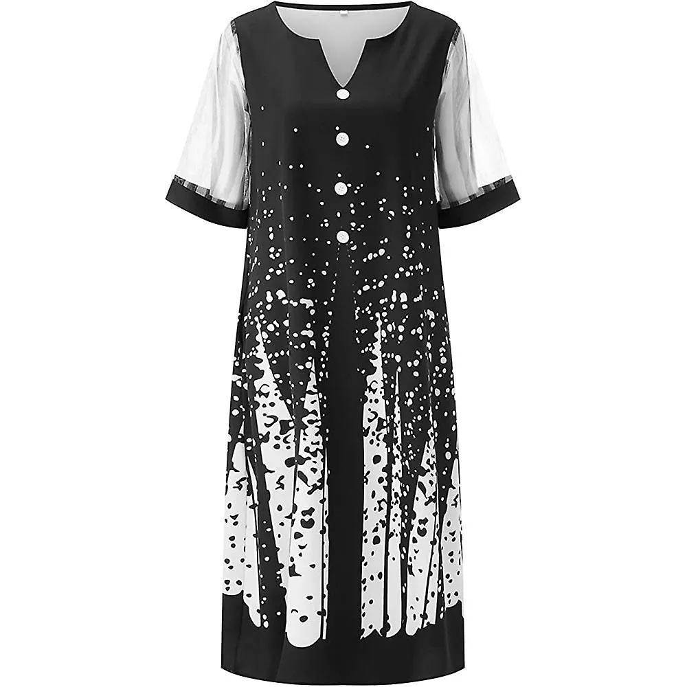 Women V Neck 1/2 Mesh Sleeve Long Dress Button Showy Printed Sundress
