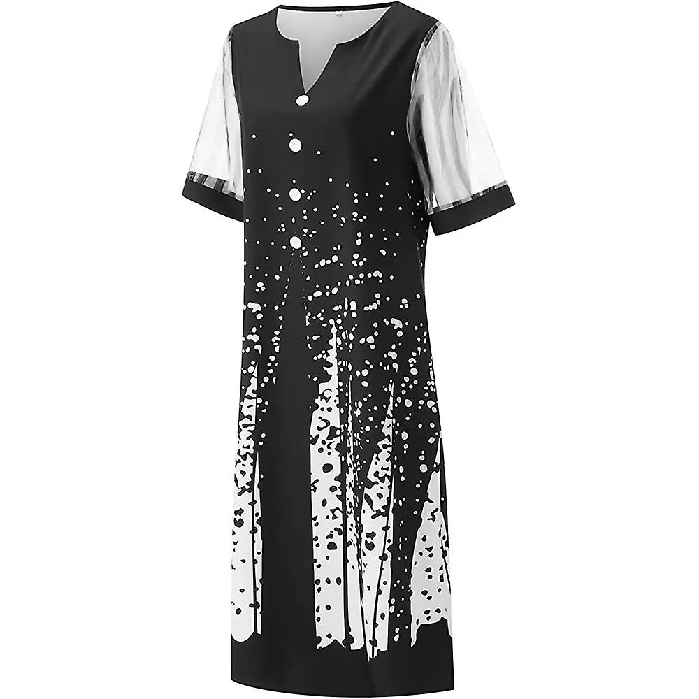 Women V Neck 1/2 Mesh Sleeve Long Dress Button Showy Printed Sundress
