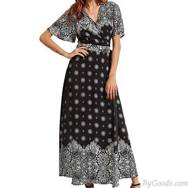 WOMEN'S VNECK LONG SLEEVES BOHEMIAN PRINTING FULLLENGH DRESS WITH BELT