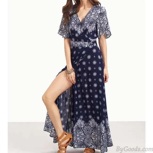 WOMEN'S VNECK LONG SLEEVES BOHEMIAN PRINTING FULLLENGH DRESS WITH BELT