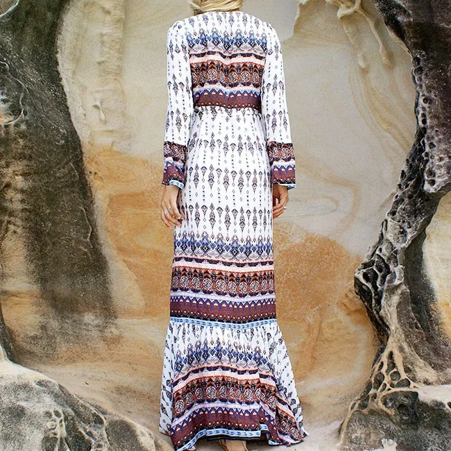 WOMEN'S VNECK LONG SLEEVES BOHEMIAN PRINTING FULLLENGH DRESS WITH BELT