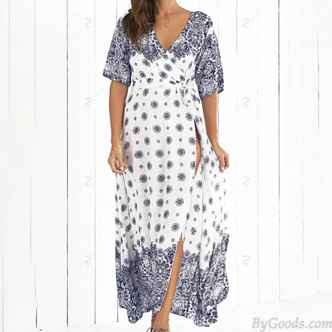 WOMEN'S VNECK LONG SLEEVES BOHEMIAN PRINTING FULLLENGH DRESS WITH BELT