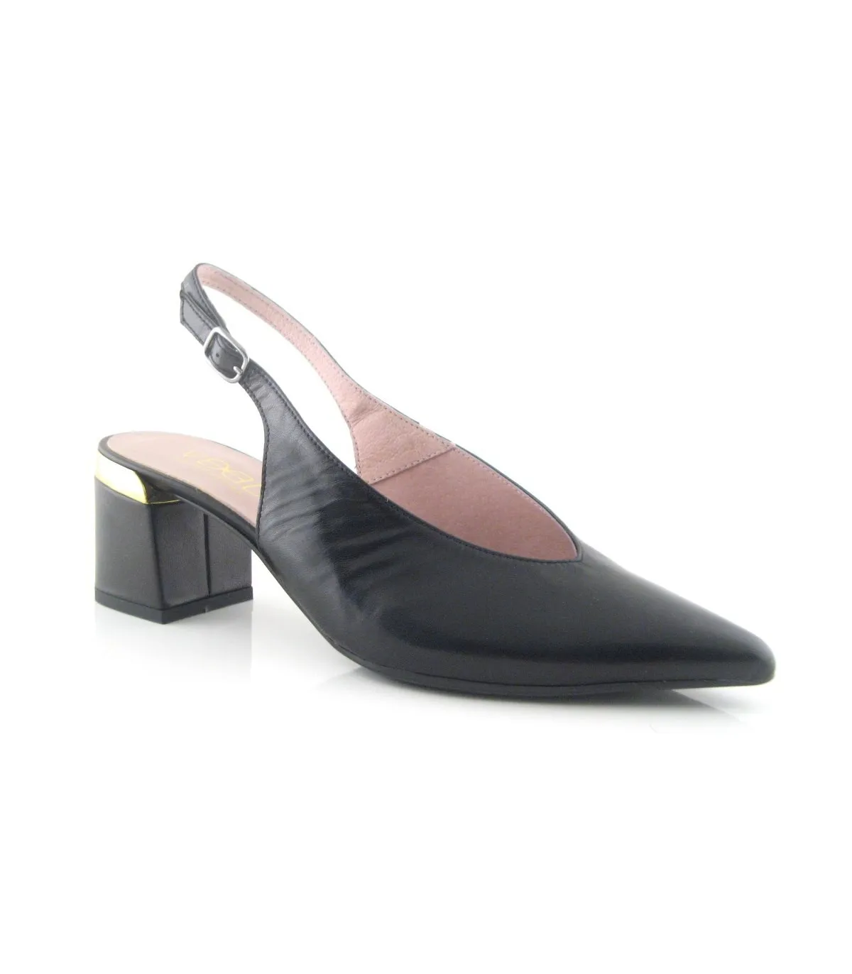 Zapato corte salón negro adorno dorado
